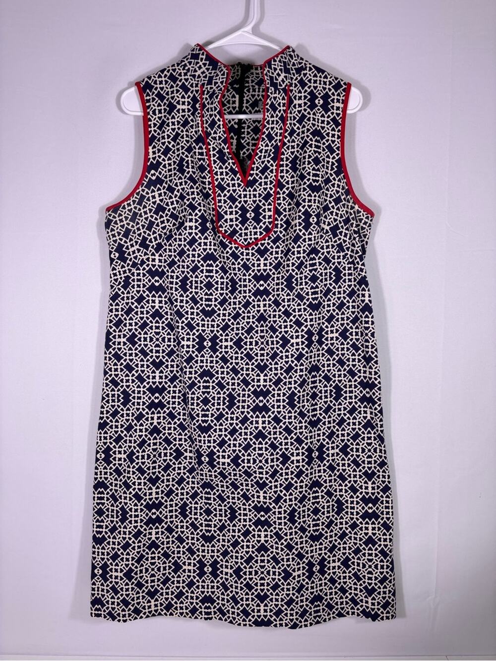 Eliza J Sleeveless Shift Dress Navy White Geometric Red Trim Preppy Sz 12 0430